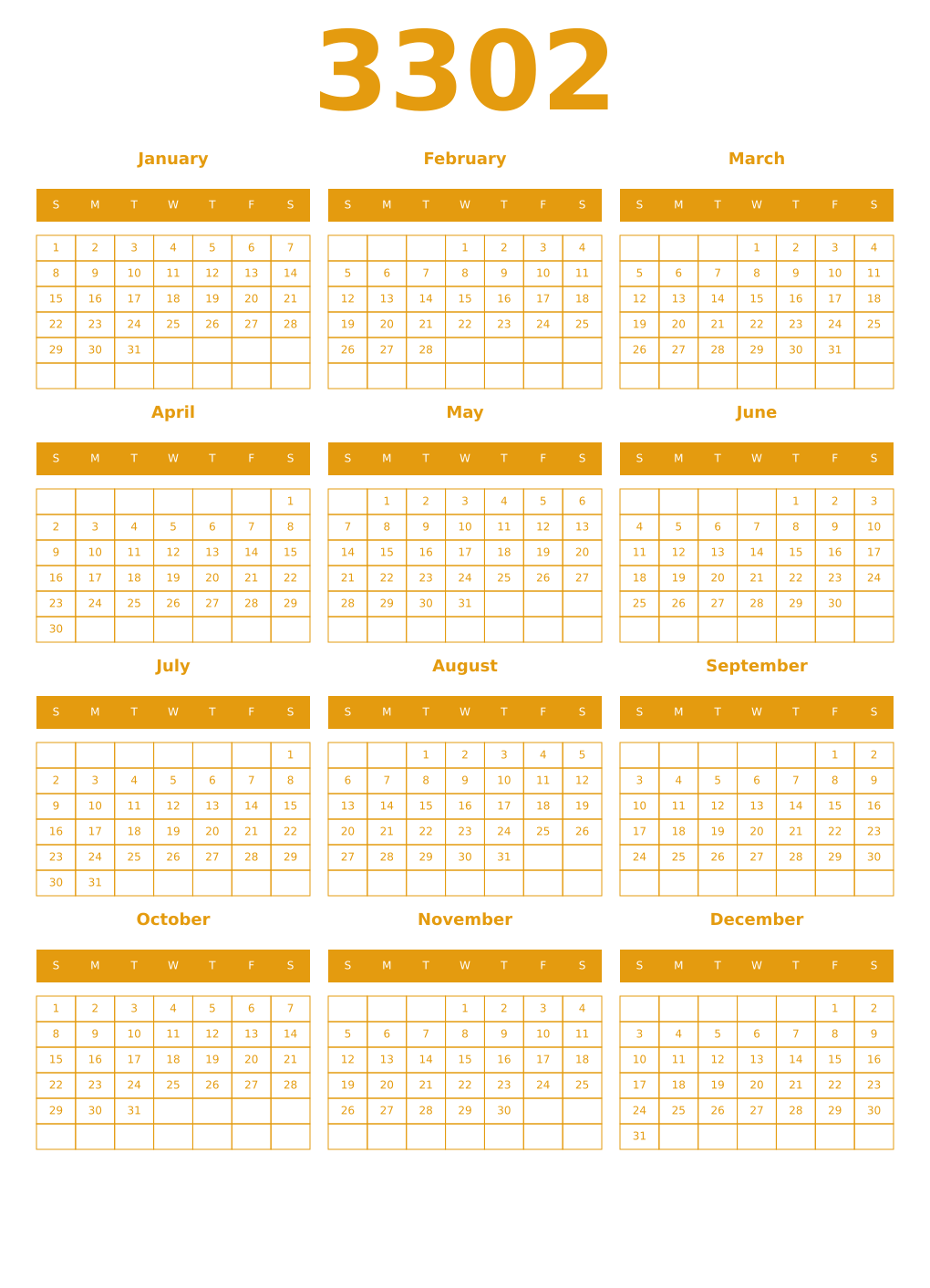 Printable 3302 Year Calendars gamboge