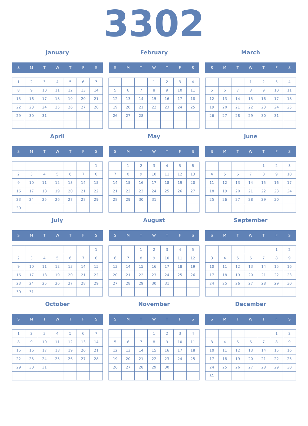 Printable 3302 Year Calendars glaucous