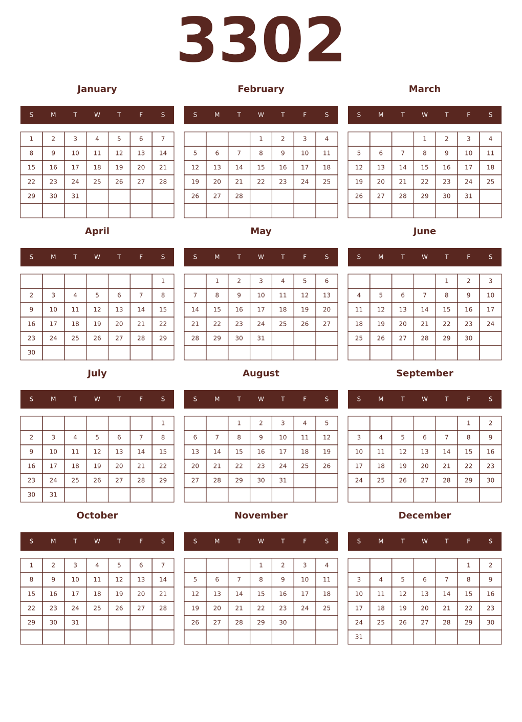 Printable 3302 Year Calendars mortuum