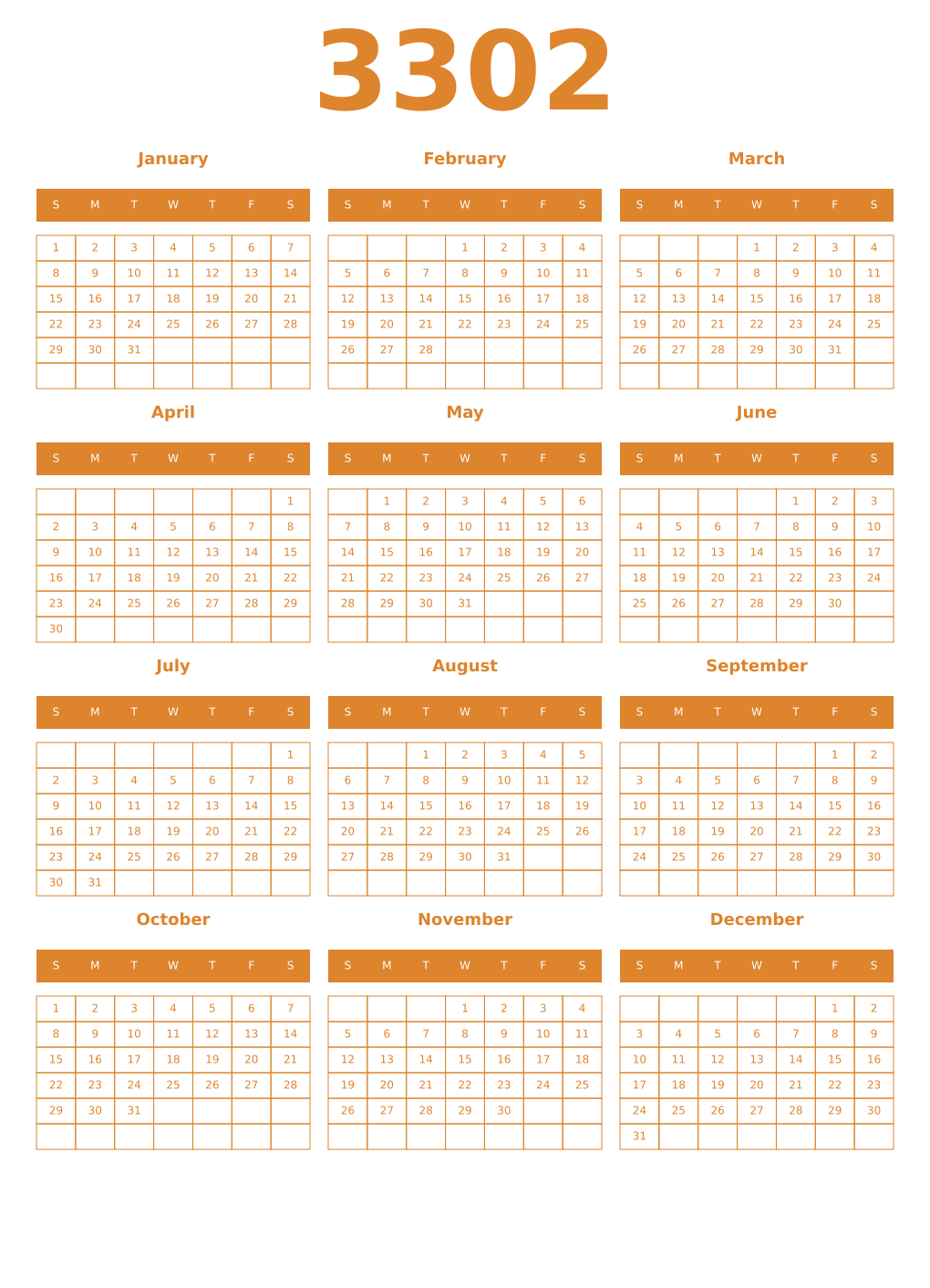 Printable 3302 Year Calendars orange