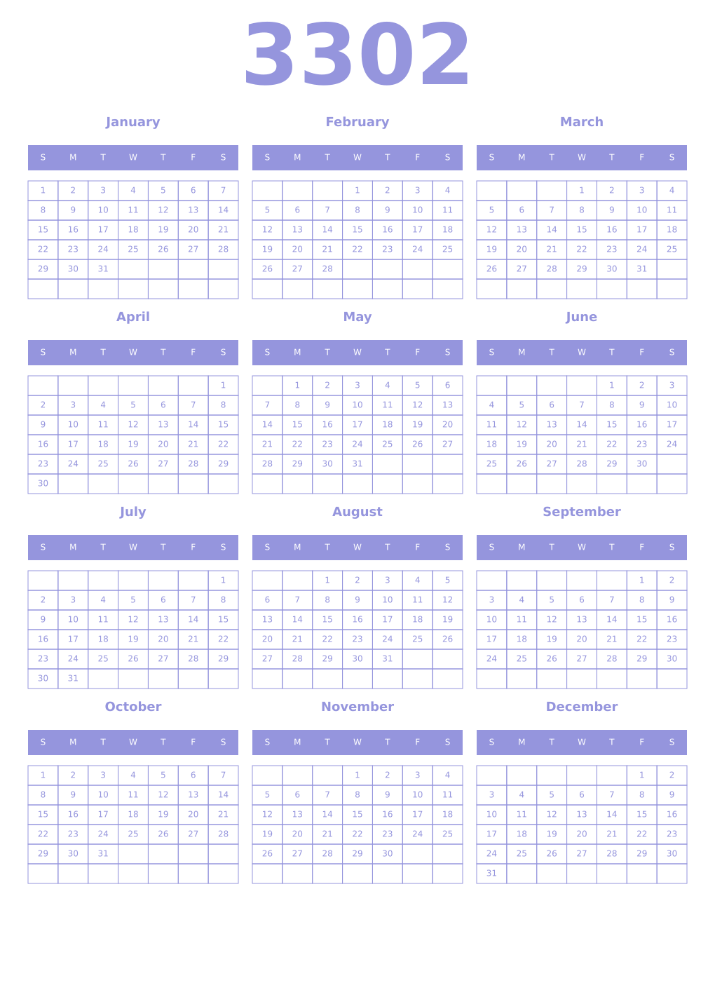 Printable 3302 Year Calendars periwinkle