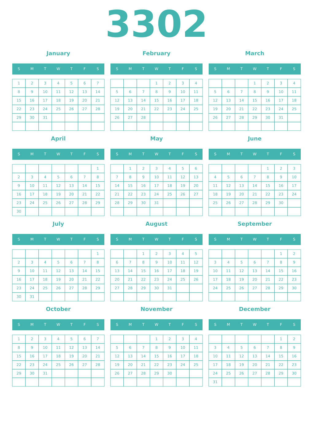 Printable 3302 Year Calendars verdigris