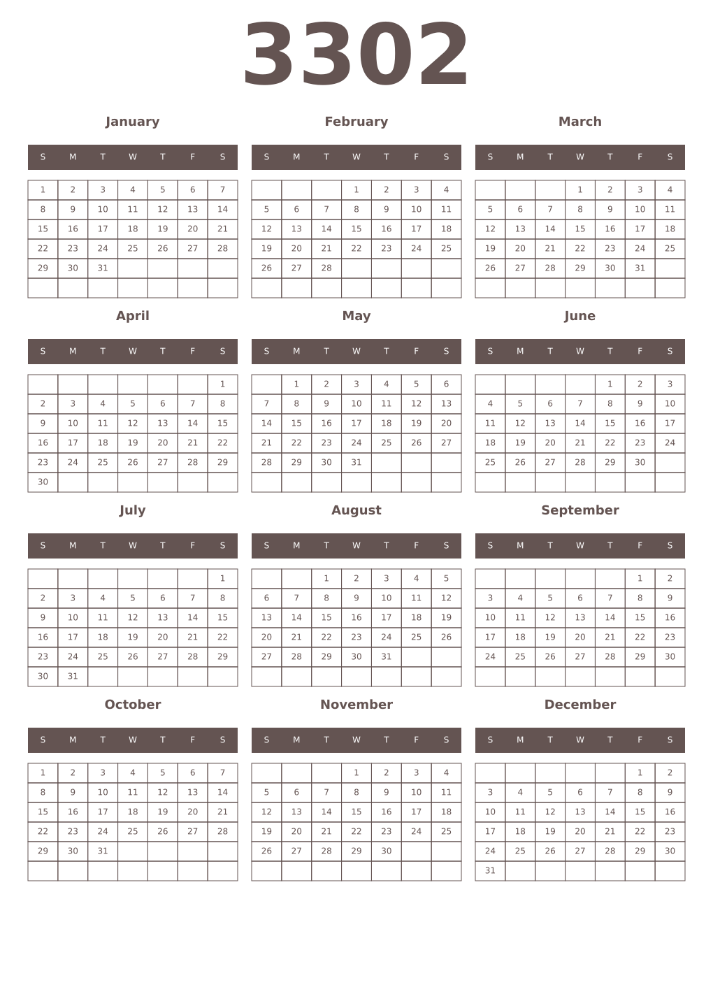 Printable 3302 Year Calendars wenge