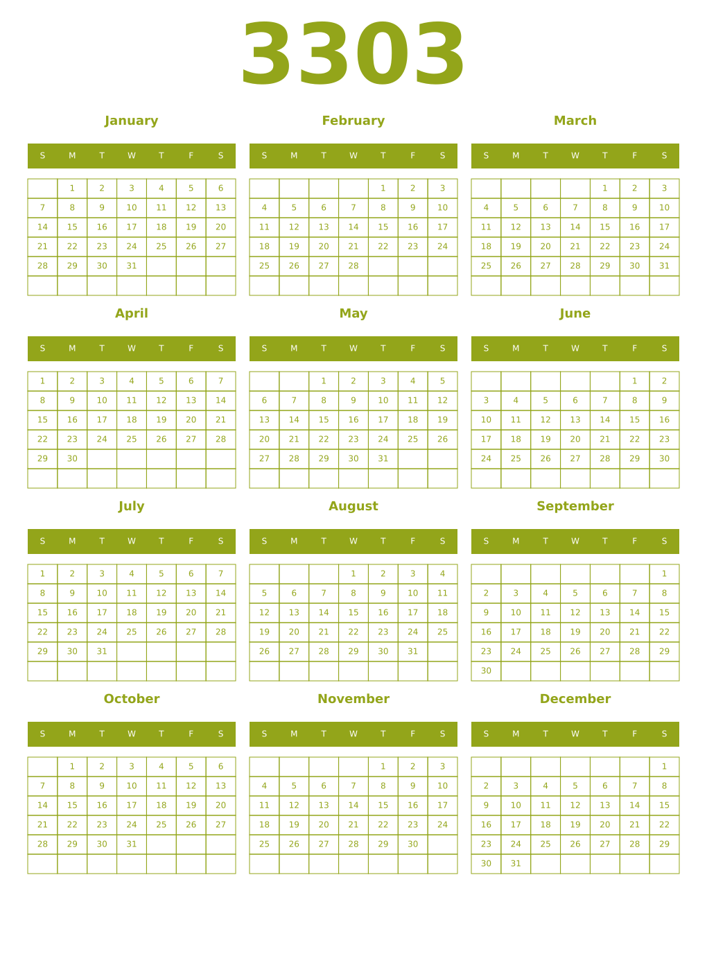 Printable 3303 Year Calendars chartreuse