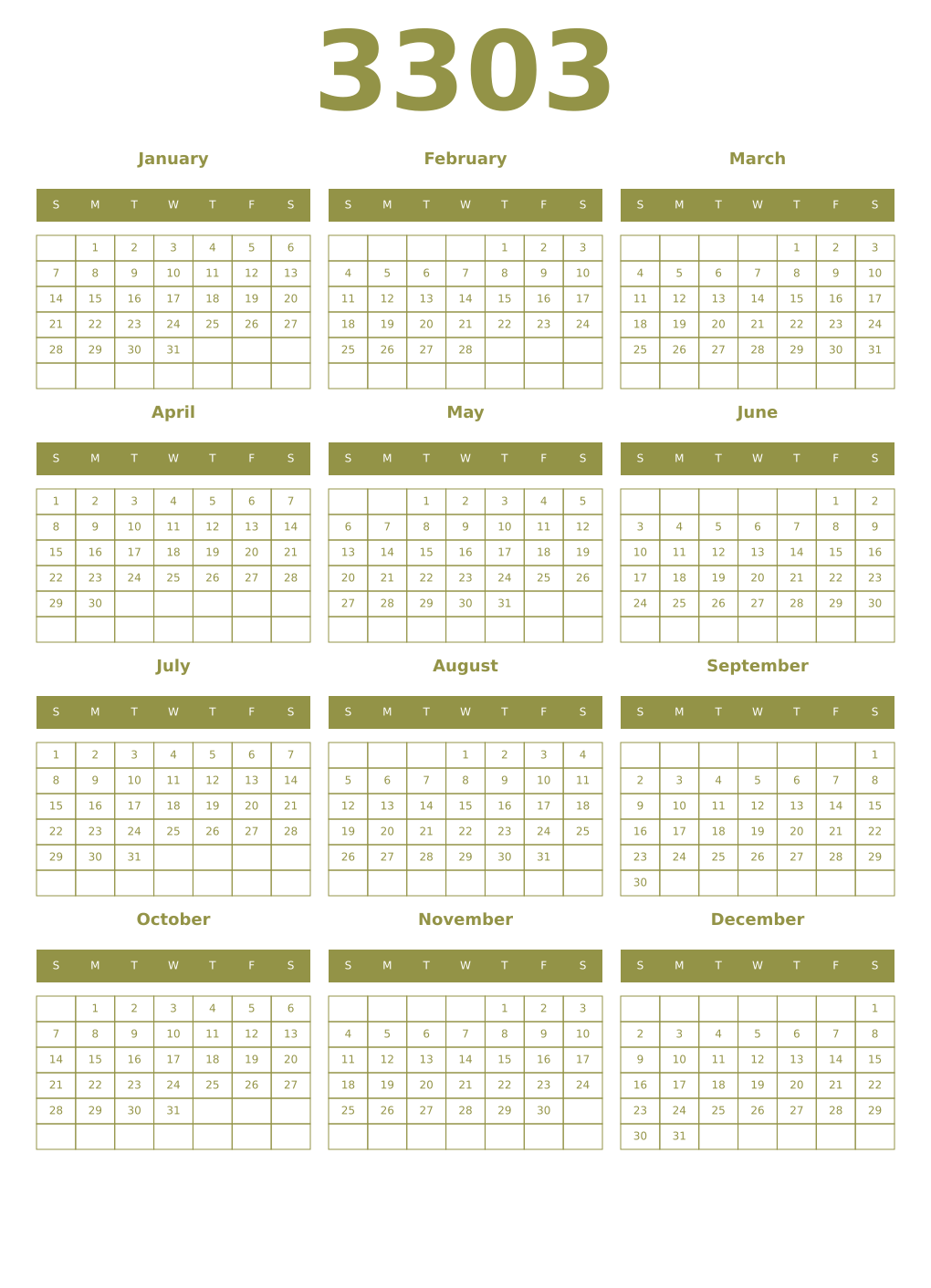 Printable 3303 Year Calendars eburnean