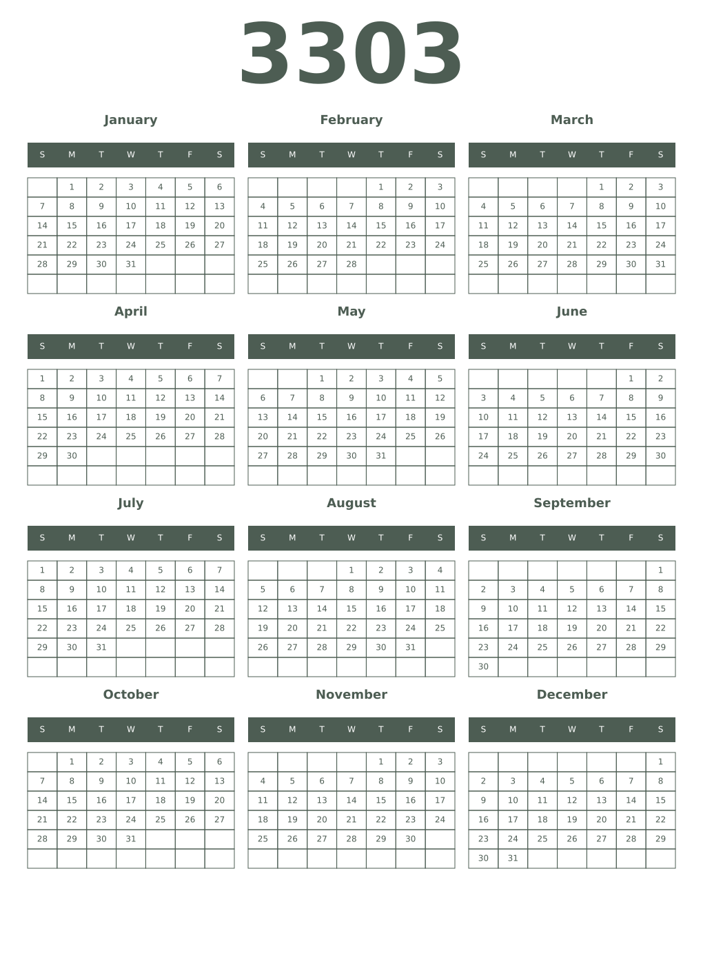 Printable 3303 Year Calendars feldgrau