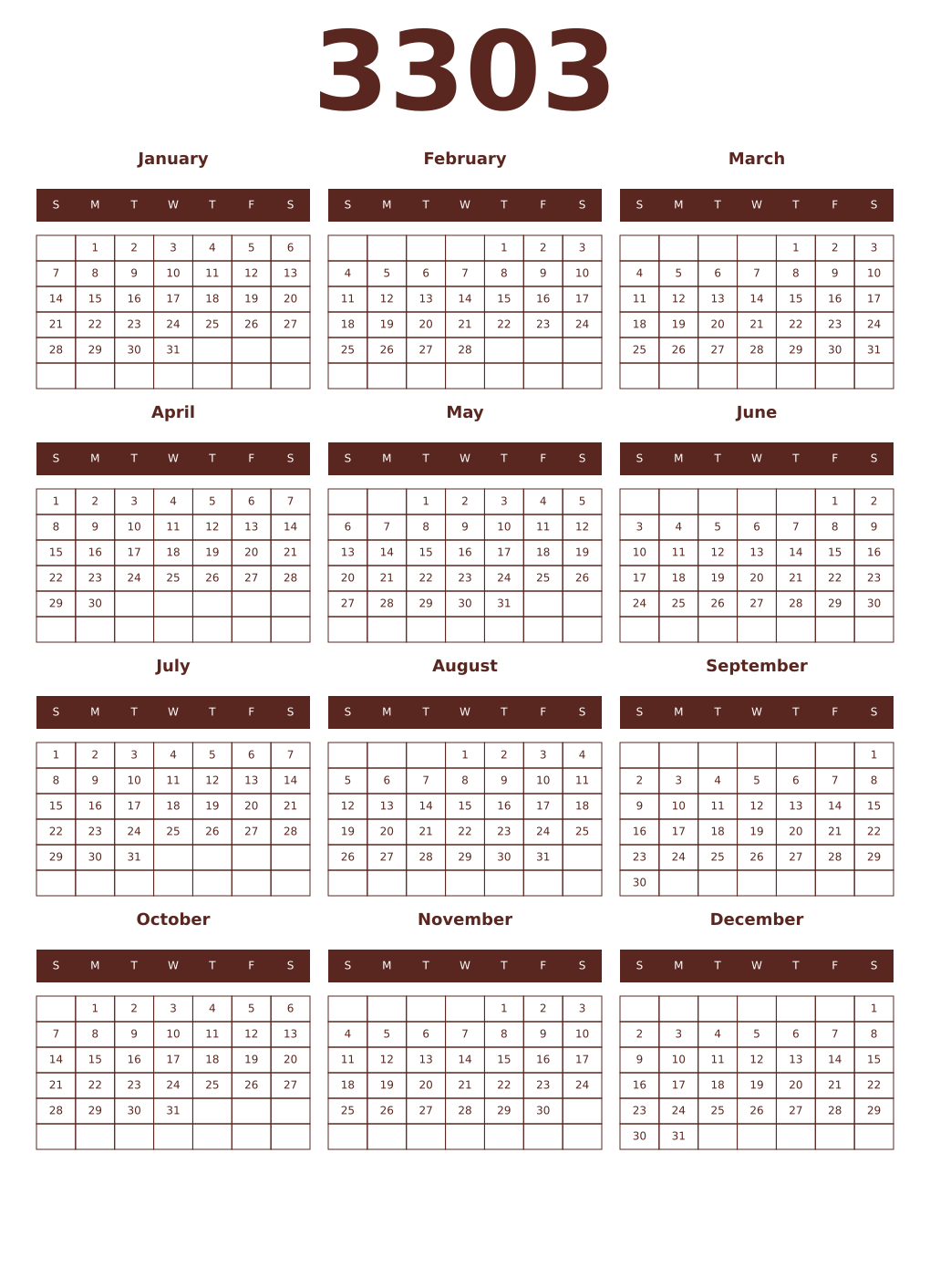 Printable 3303 Year Calendars mortuum