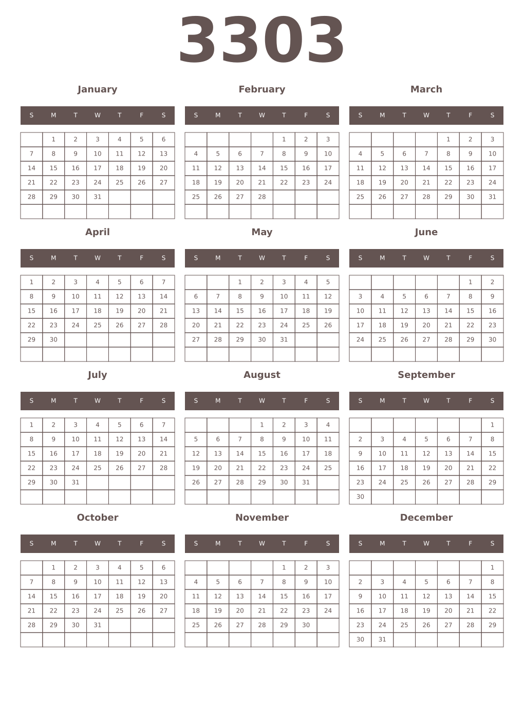 Printable 3303 Year Calendars wenge