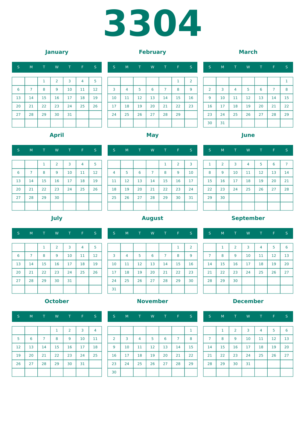 Printable 3304 Year Calendars pastel