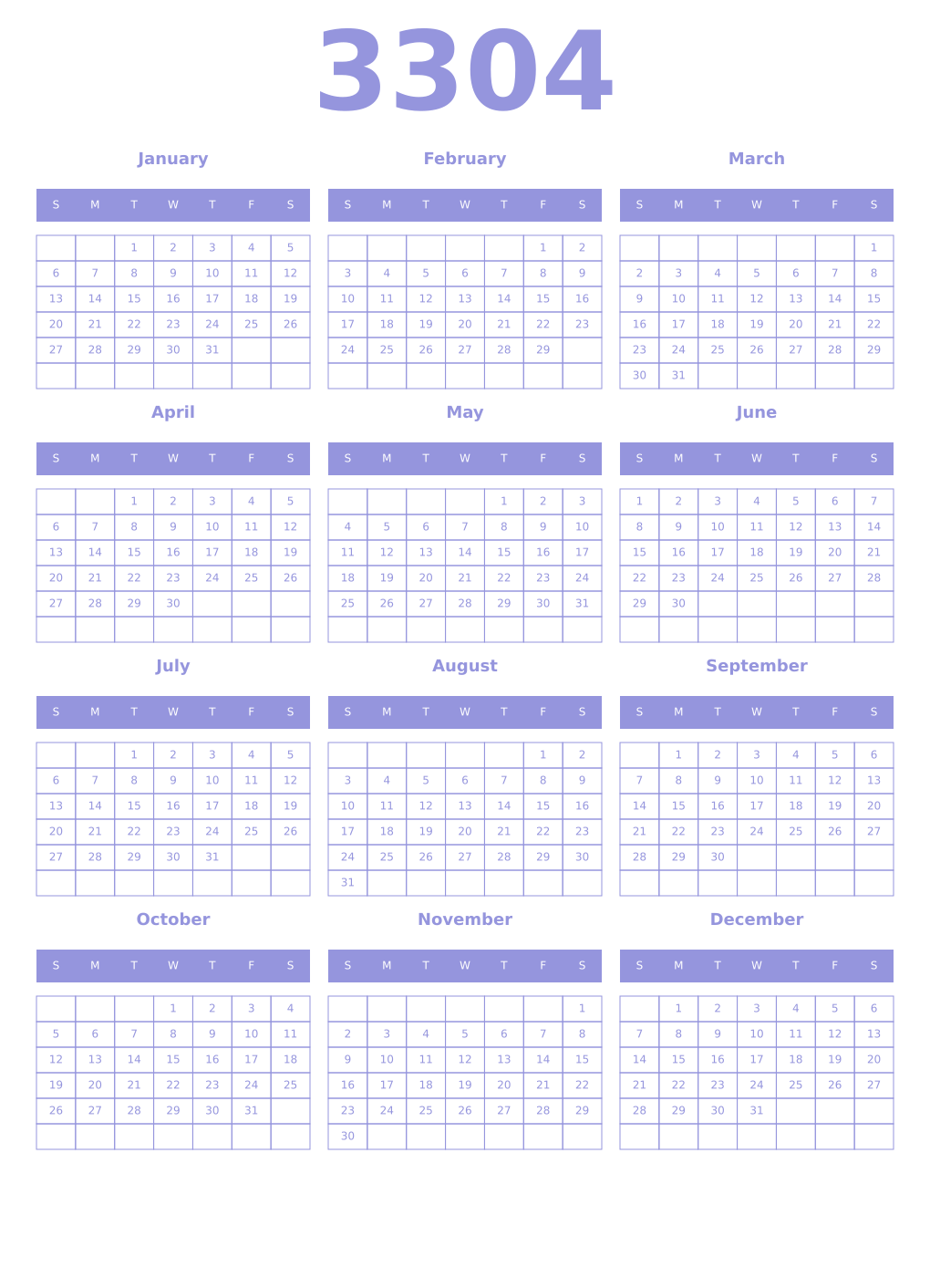 Printable 3304 Year Calendars periwinkle