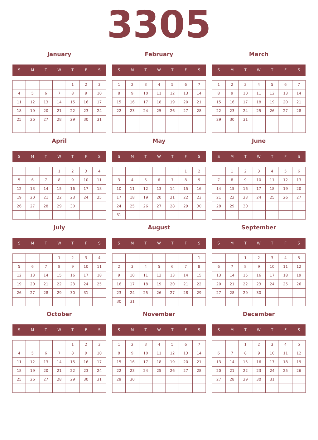 Printable 3305 Year Calendars cordovan