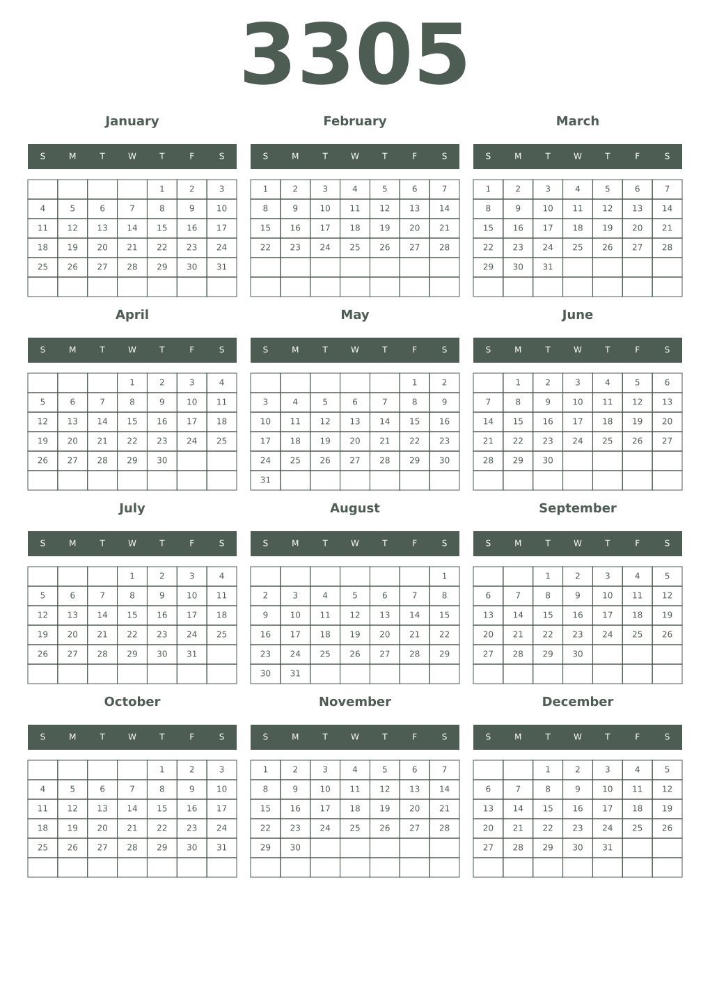 Printable 3305 Year Calendars feldgrau