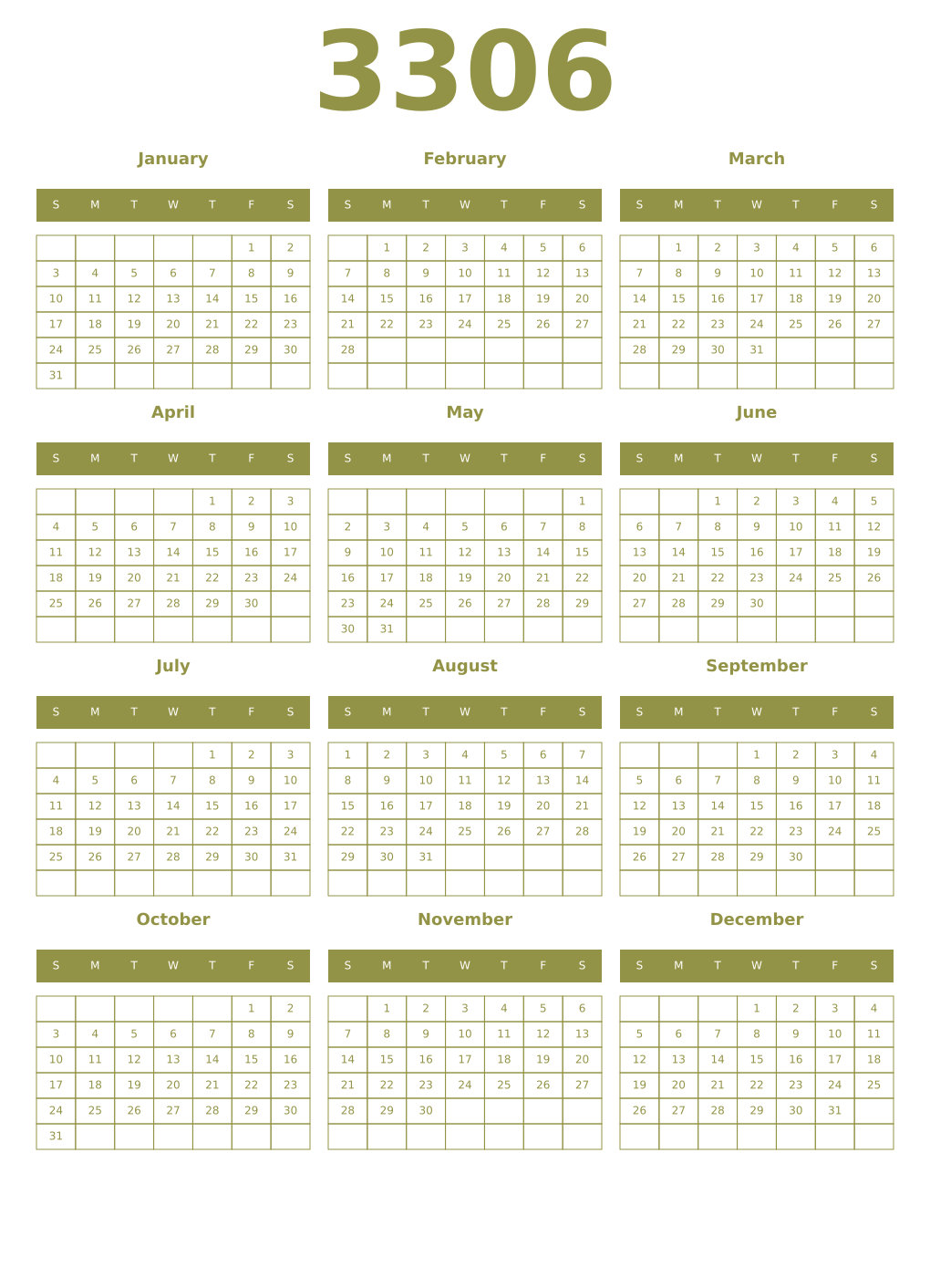 Printable 3306 Year Calendars eburnean