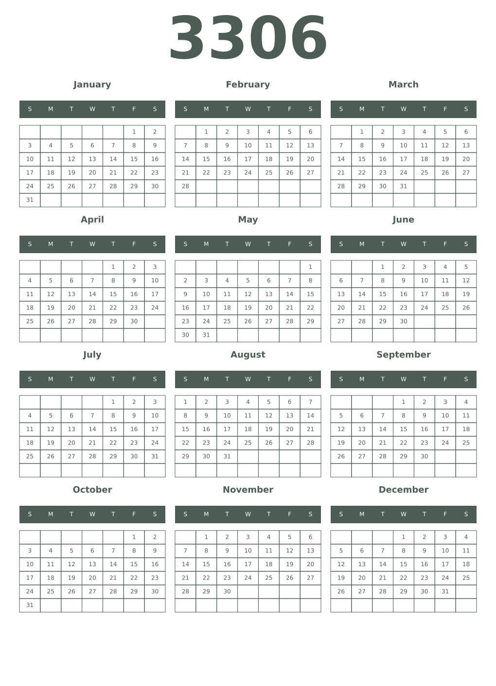 Printable 3306 Year Calendars feldgrau