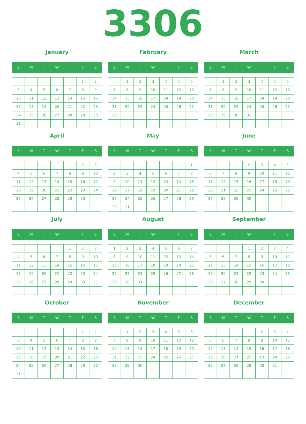Printable 3306 Year Calendars green