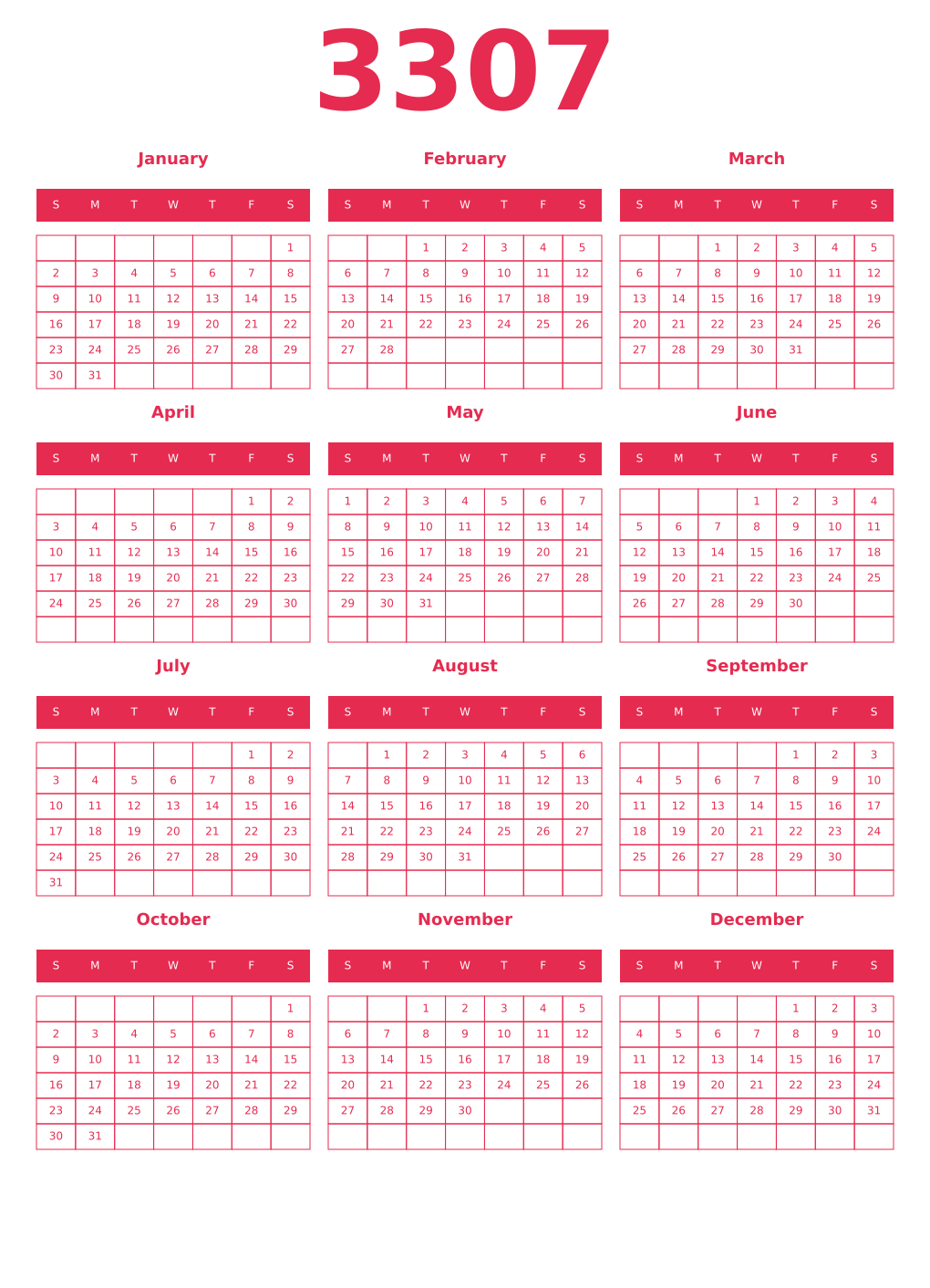 Printable 3307 Year Calendars amaranth