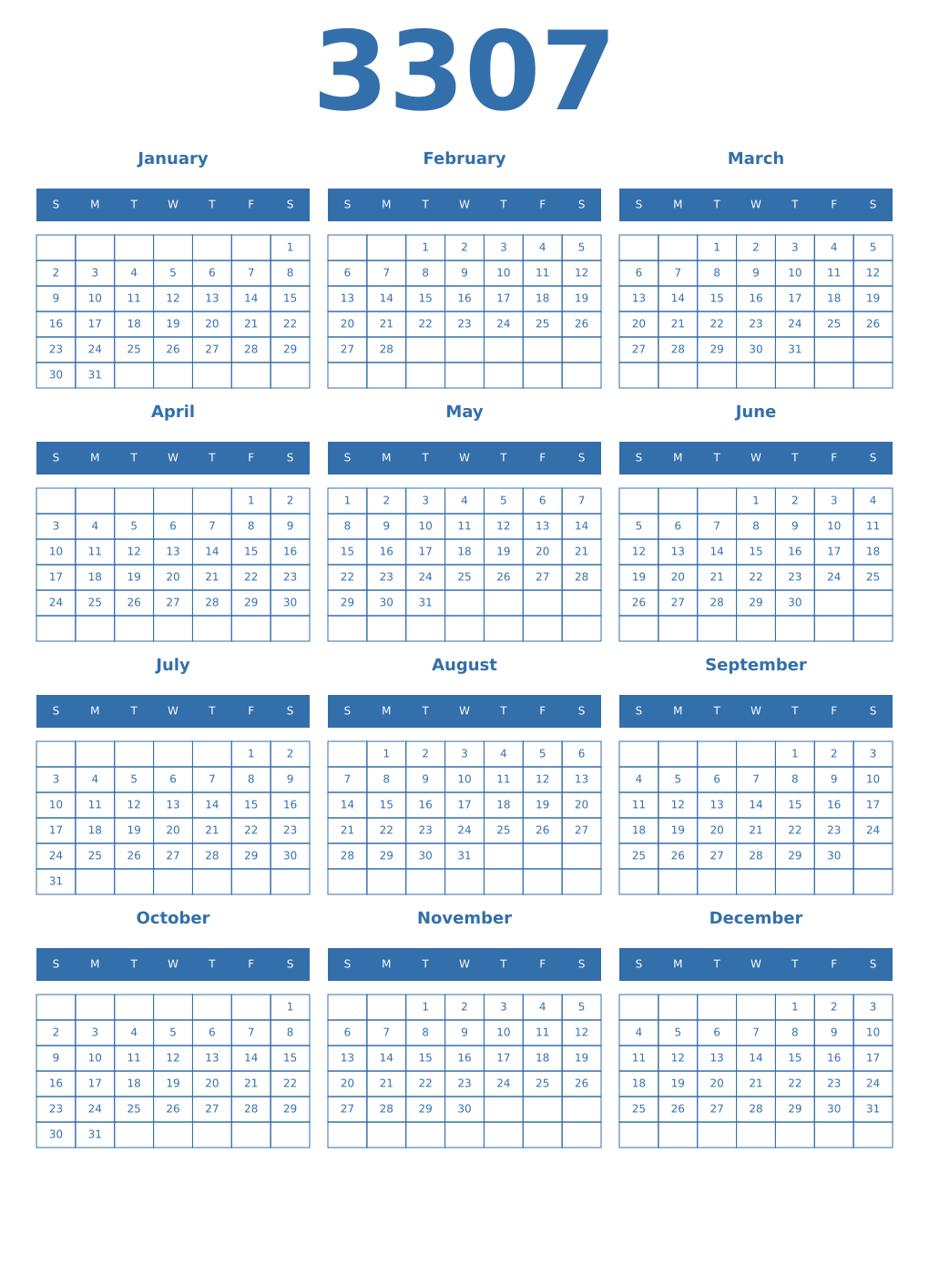 Printable 3307 Year Calendars blue
