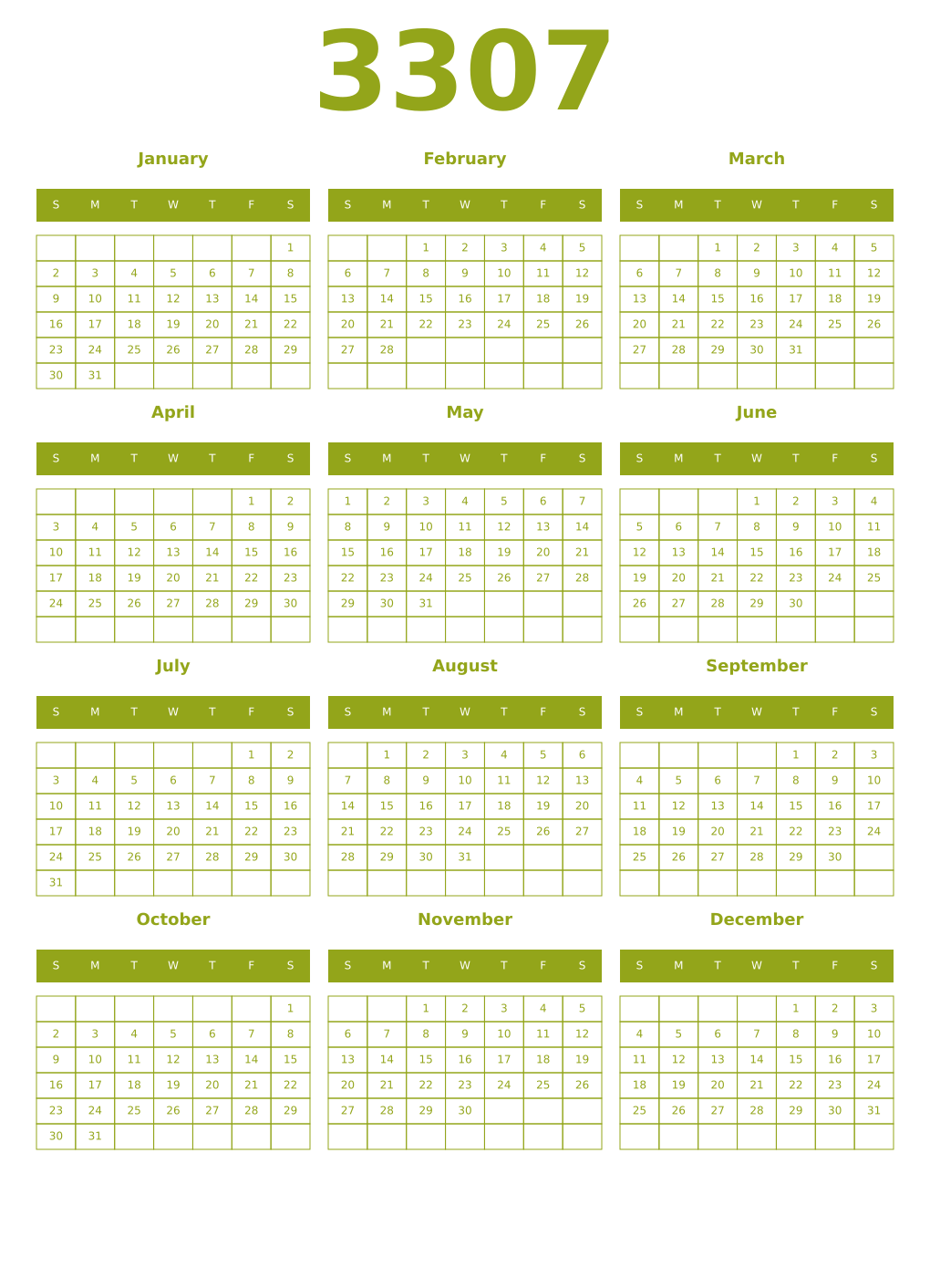 Printable 3307 Year Calendars chartreuse