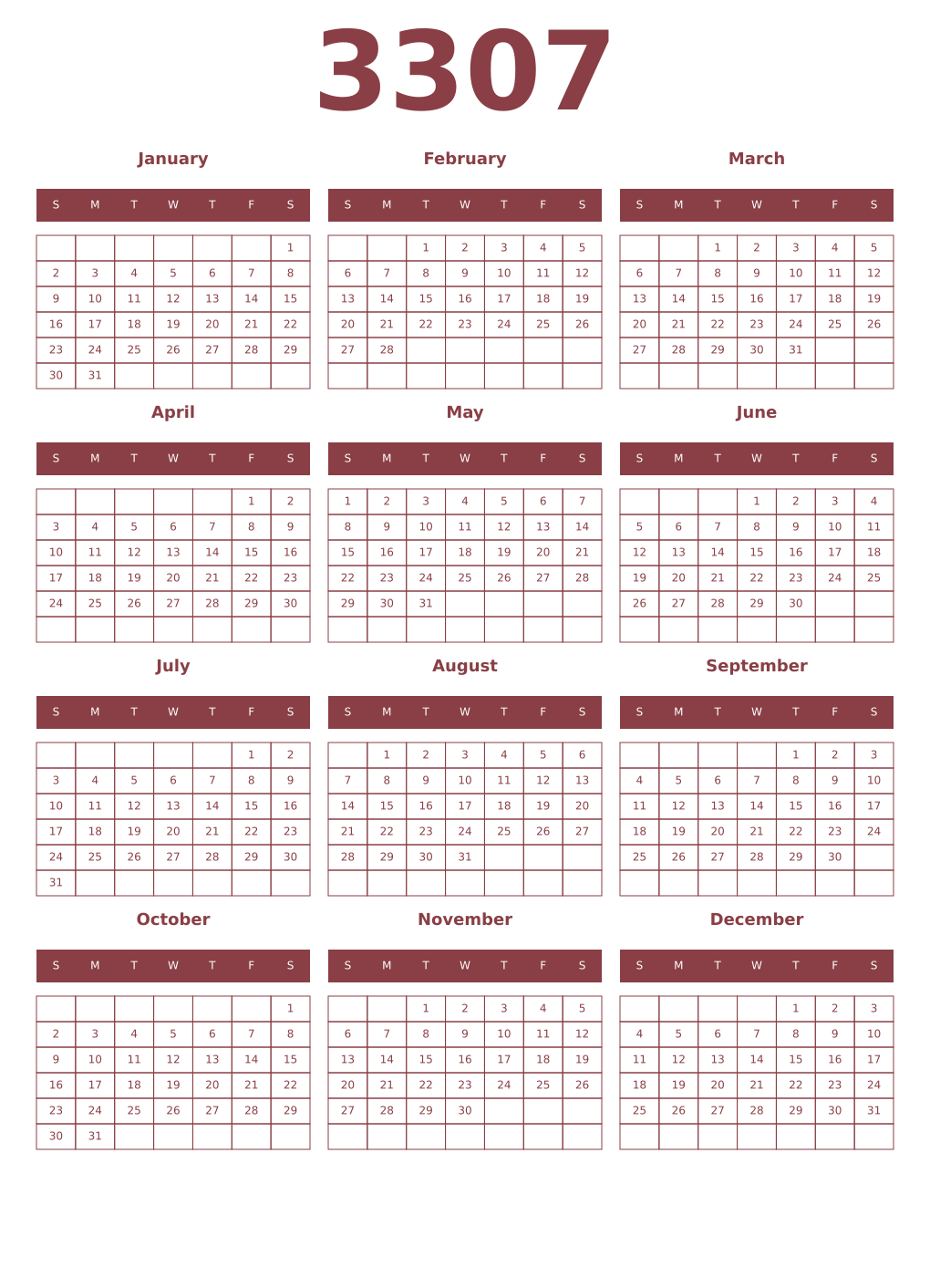Printable 3307 Year Calendars cordovan