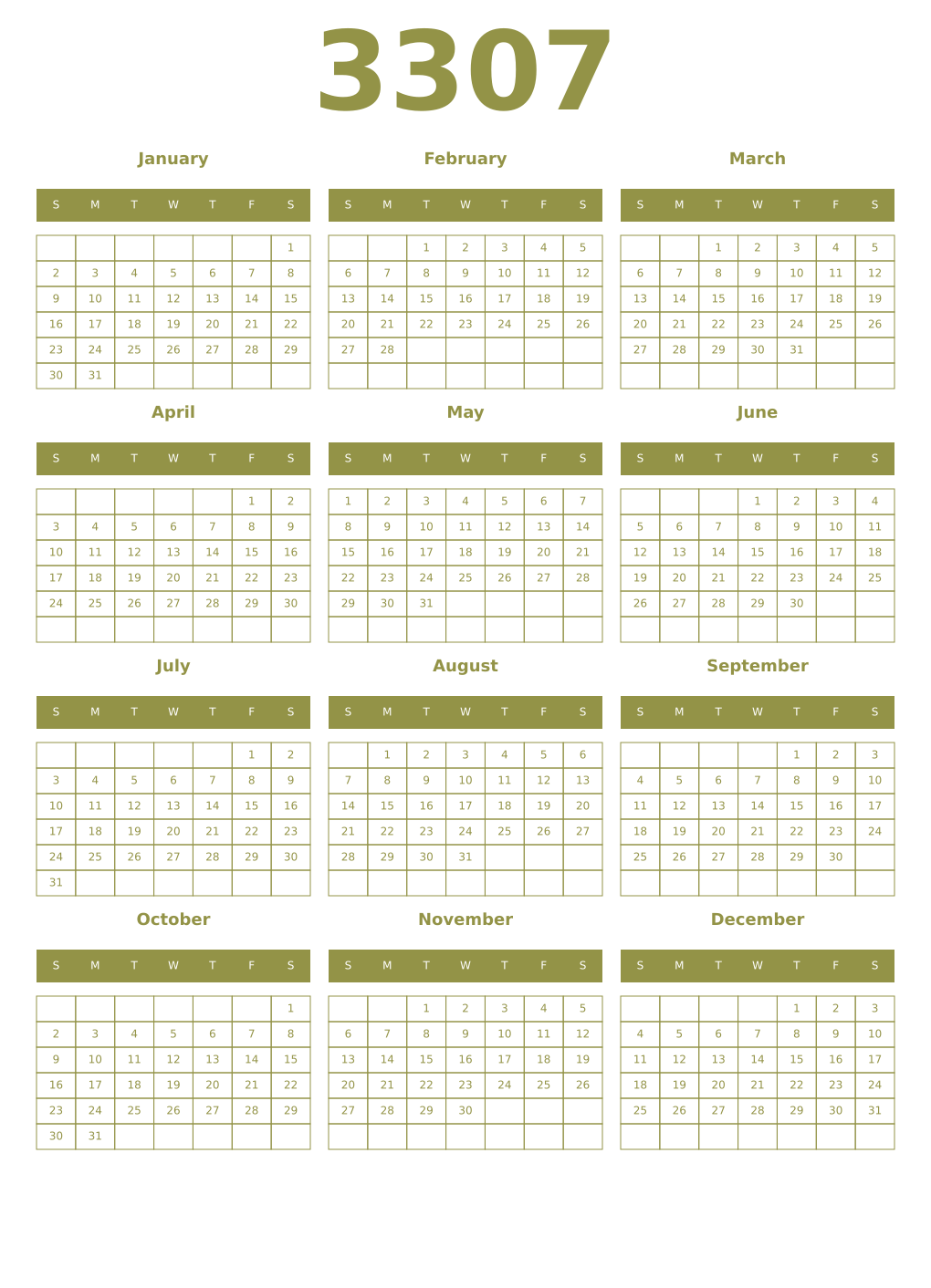 Printable 3307 Year Calendars eburnean