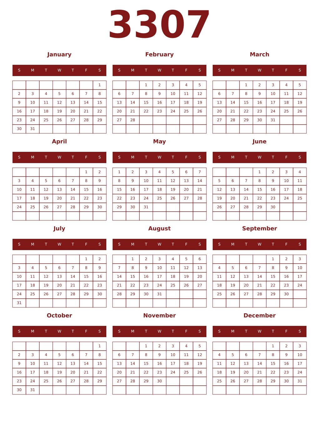 Printable 3307 Year Calendars falu