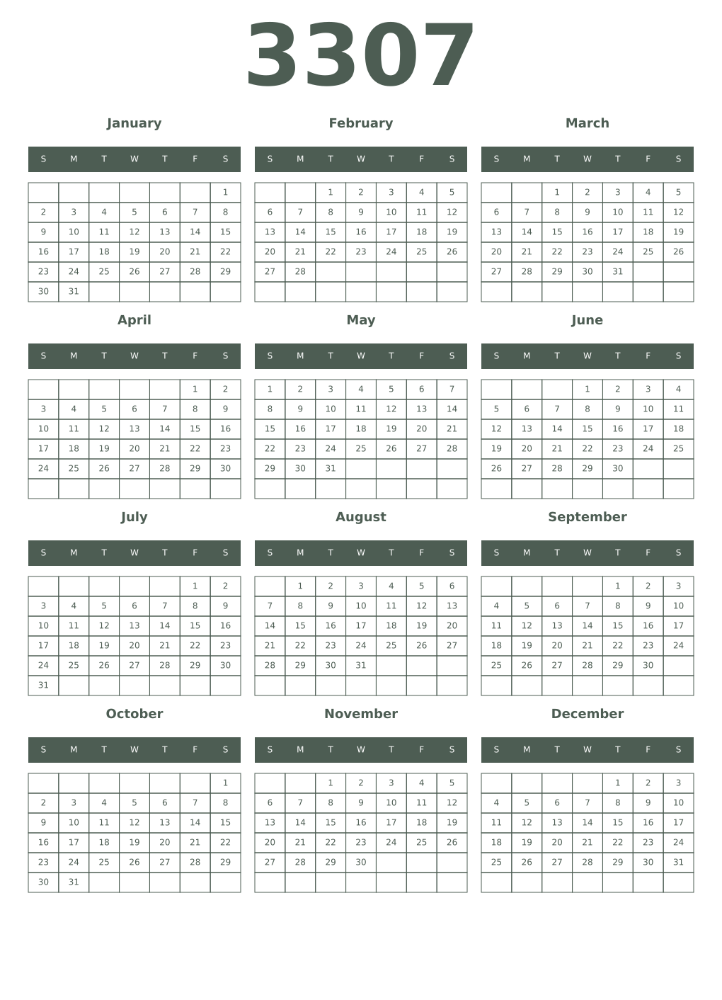 Printable 3307 Year Calendars feldgrau