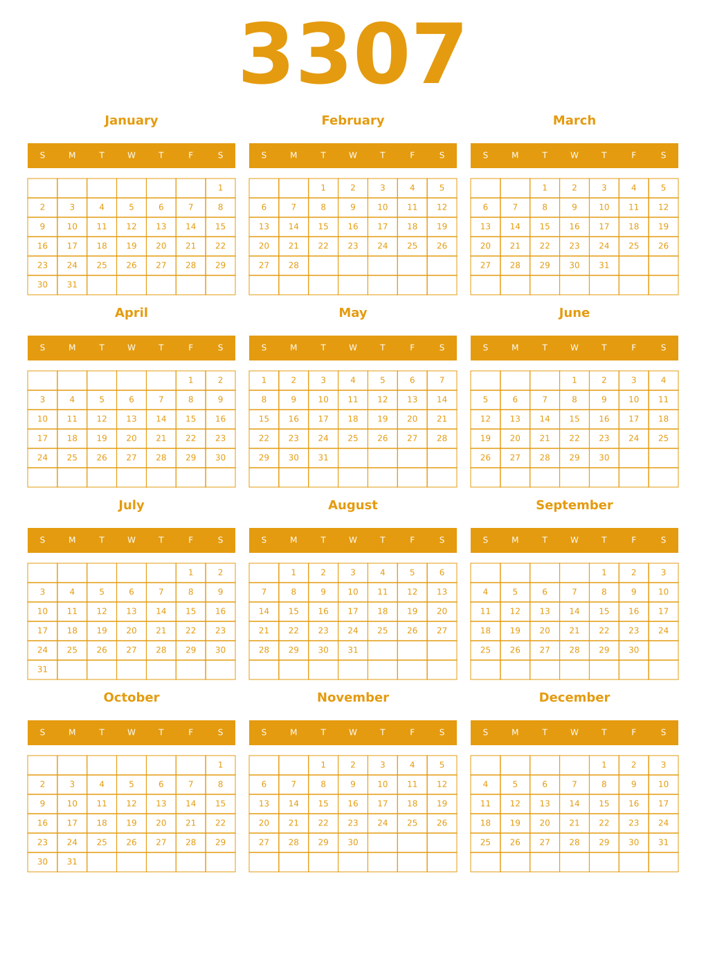 Printable 3307 Year Calendars gamboge