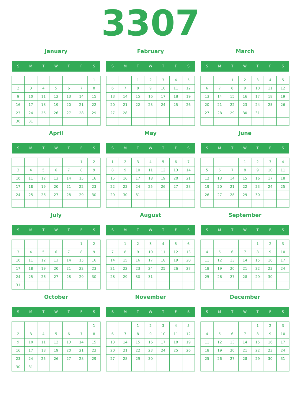 Printable 3307 Year Calendars green