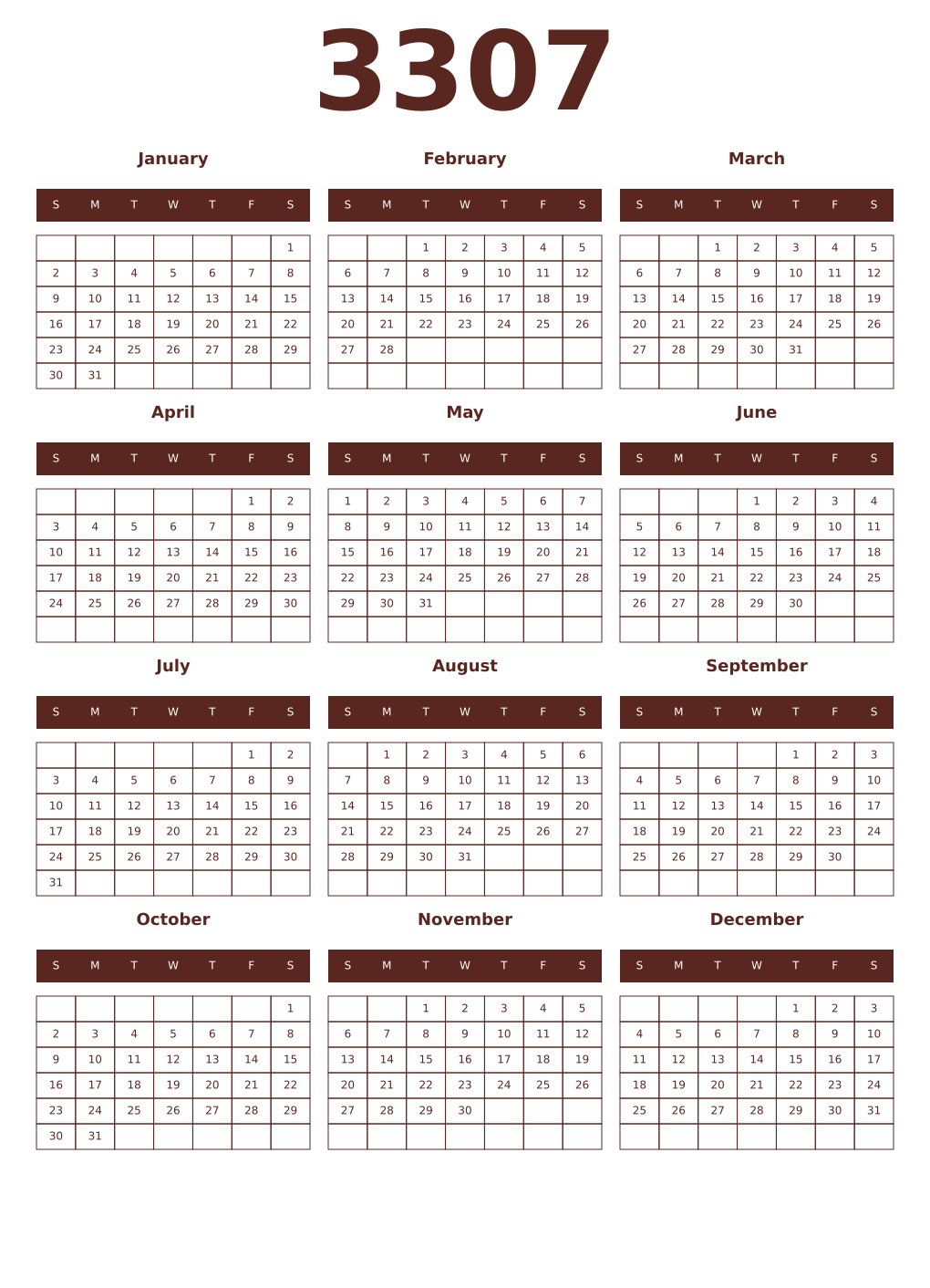 Printable 3307 Year Calendars mortuum