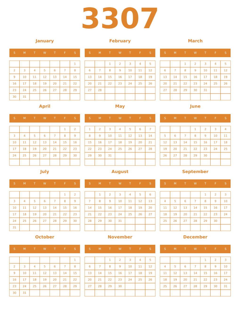 Printable 3307 Year Calendars orange