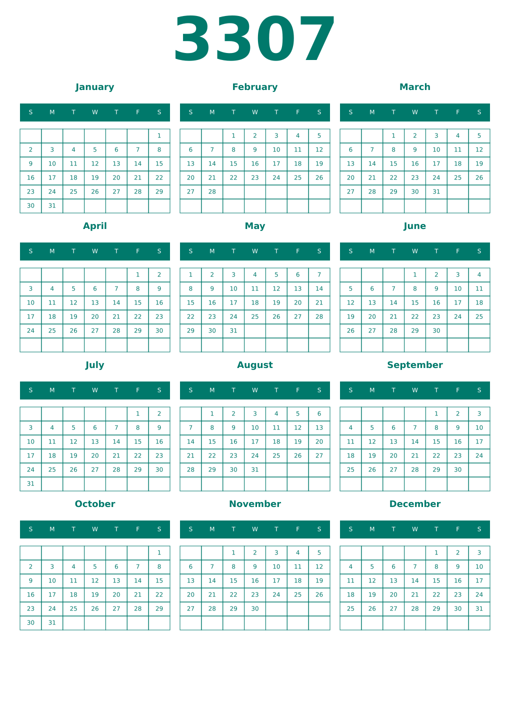 Printable 3307 Year Calendars pastel