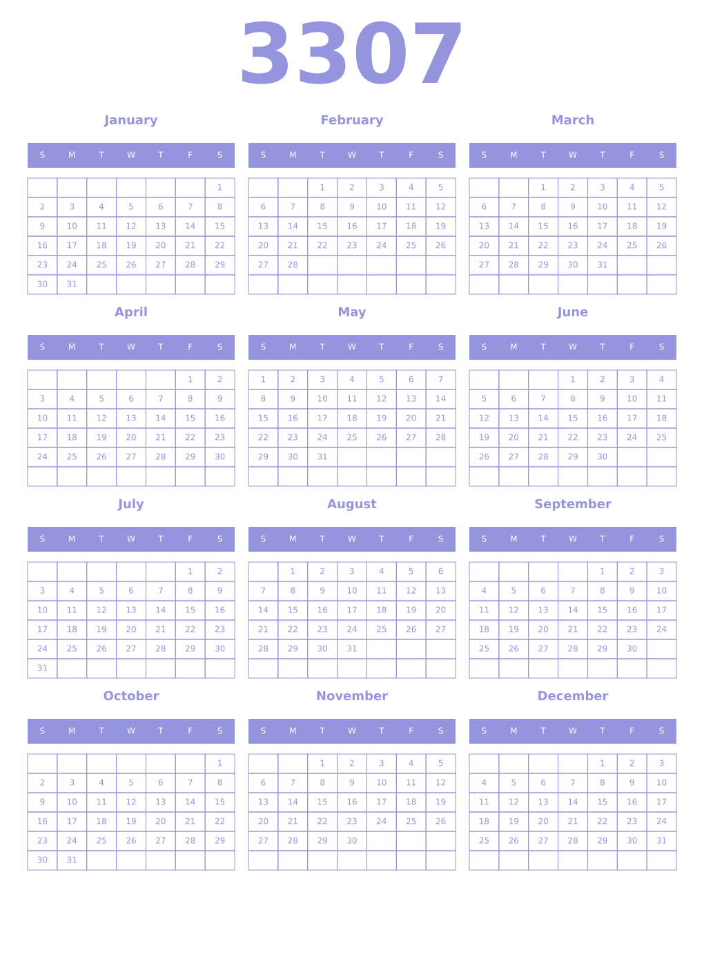 Printable 3307 Year Calendars periwinkle
