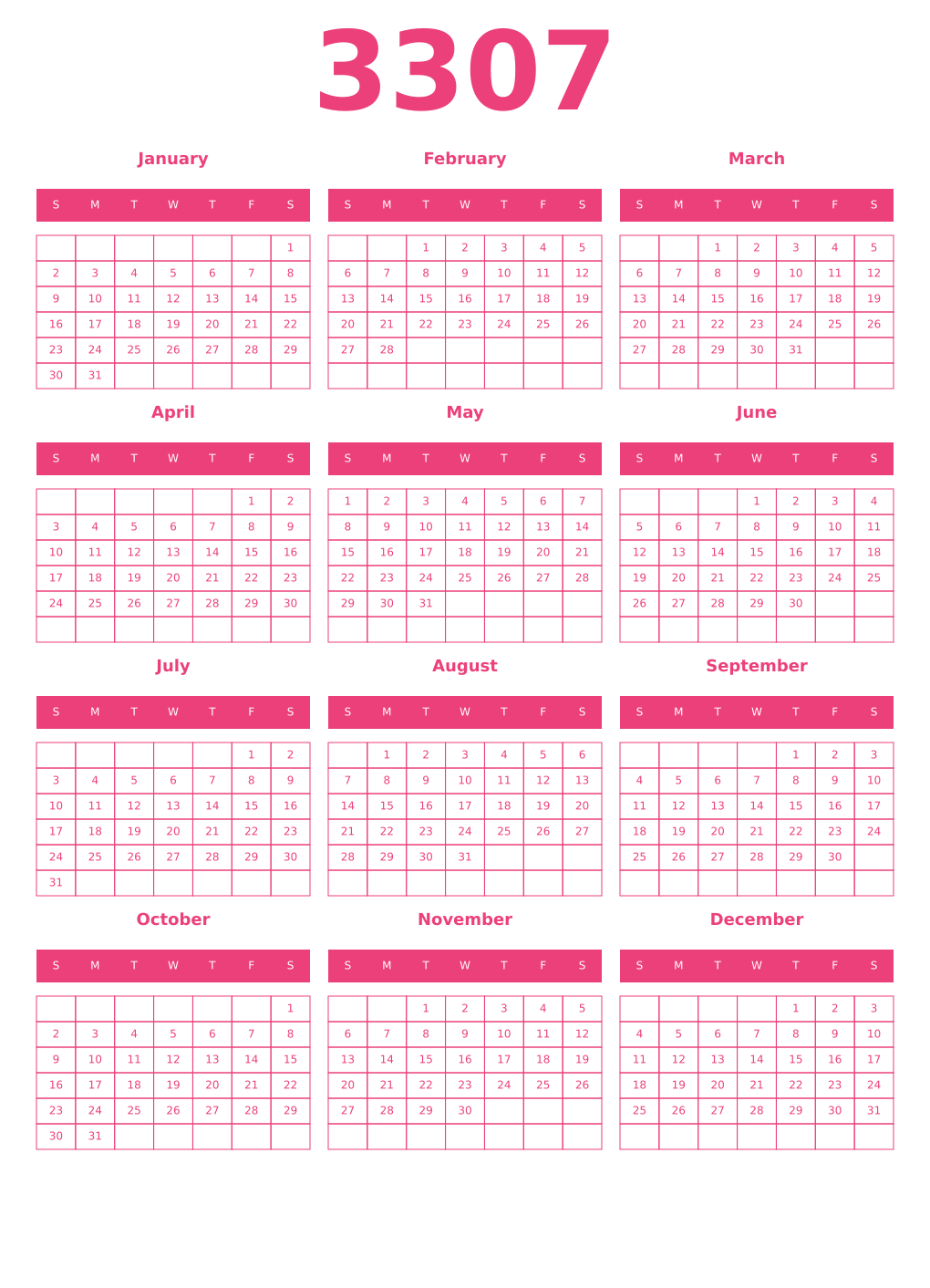 Printable 3307 Year Calendars pink