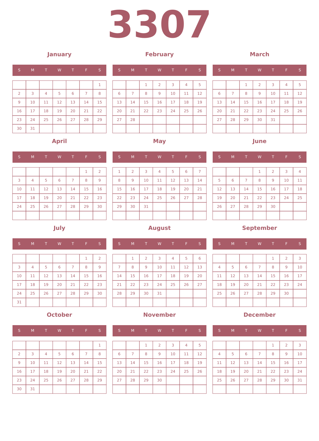 Printable 3307 Year Calendars puce