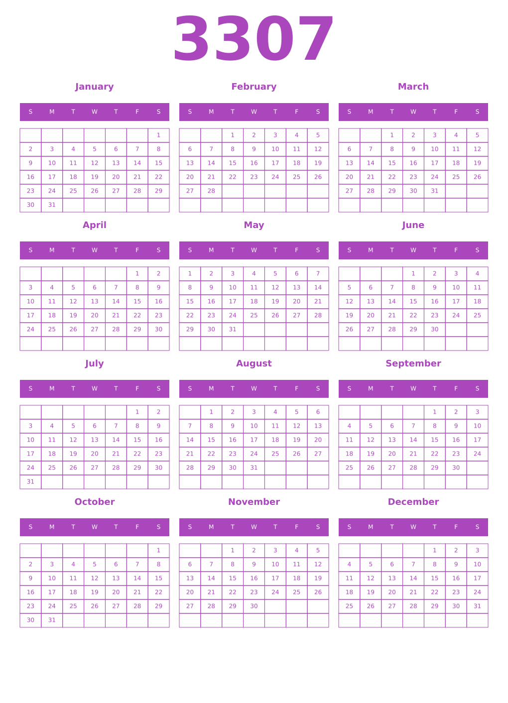 Printable 3307 Year Calendars purple