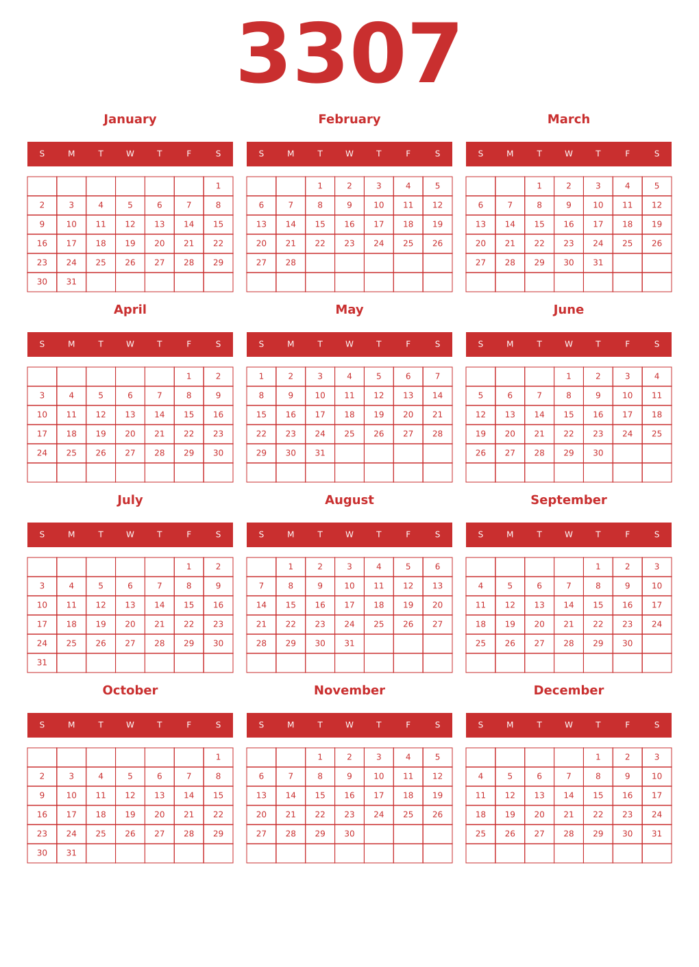 Printable 3307 Year Calendars red