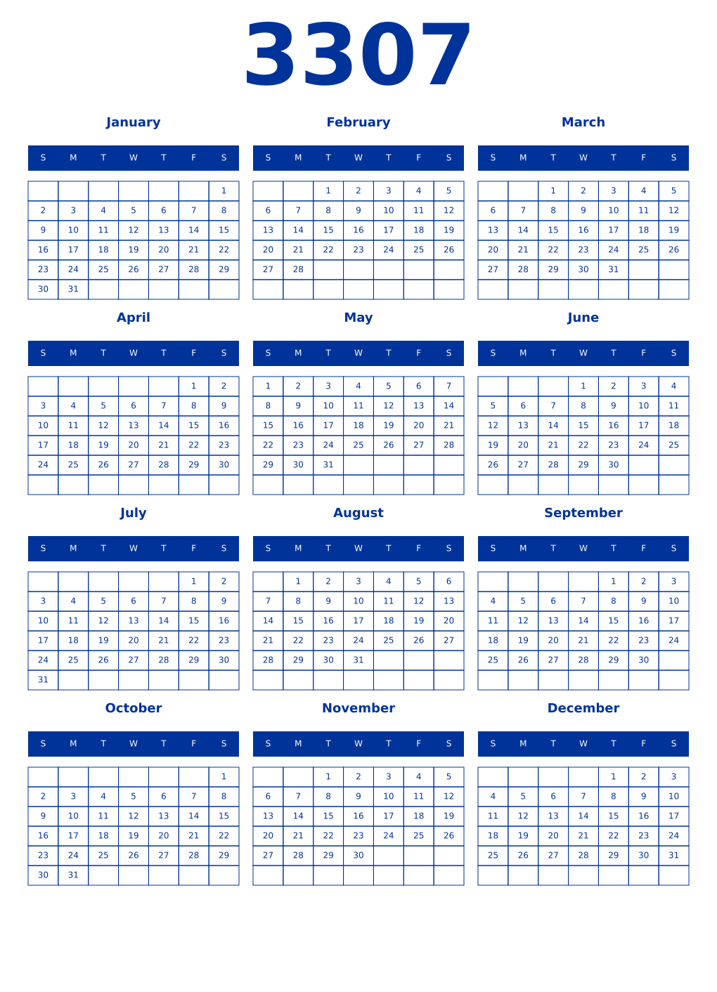 Printable 3307 Year Calendars smalt