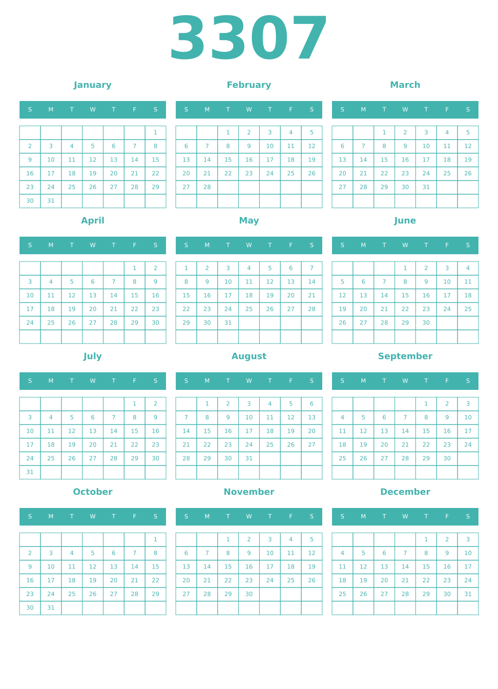 Printable 3307 Year Calendars verdigris
