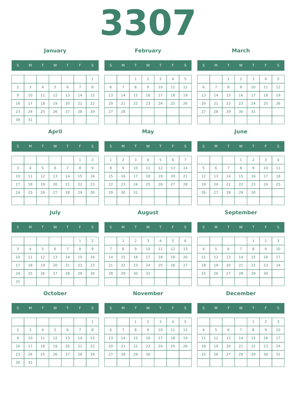Printable 3307 Year Calendars viridian