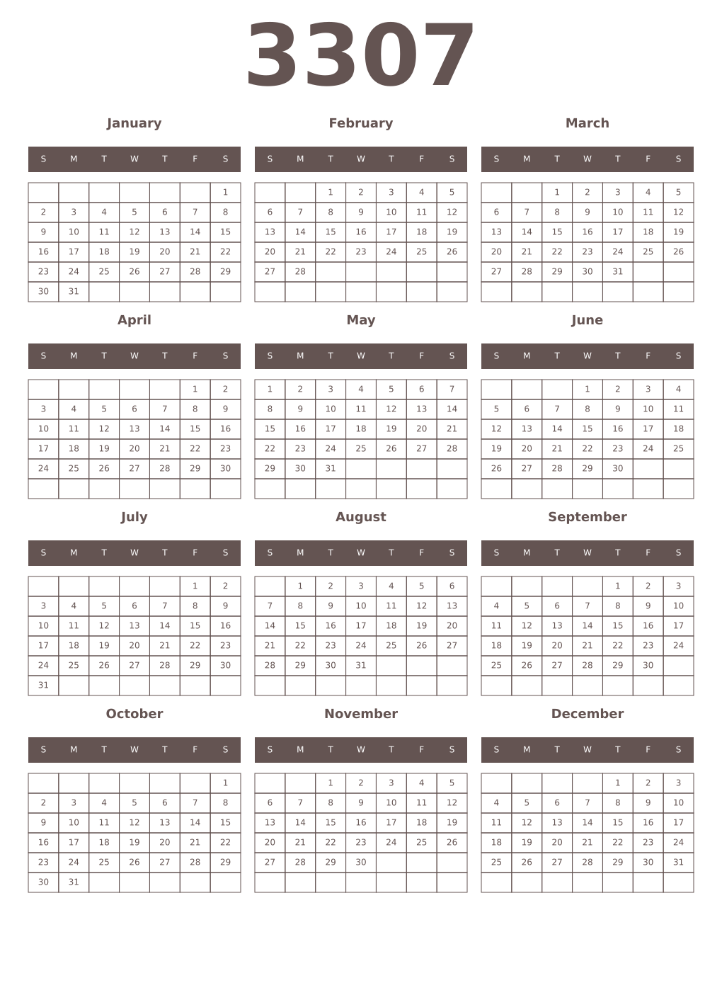Printable 3307 Year Calendars wenge