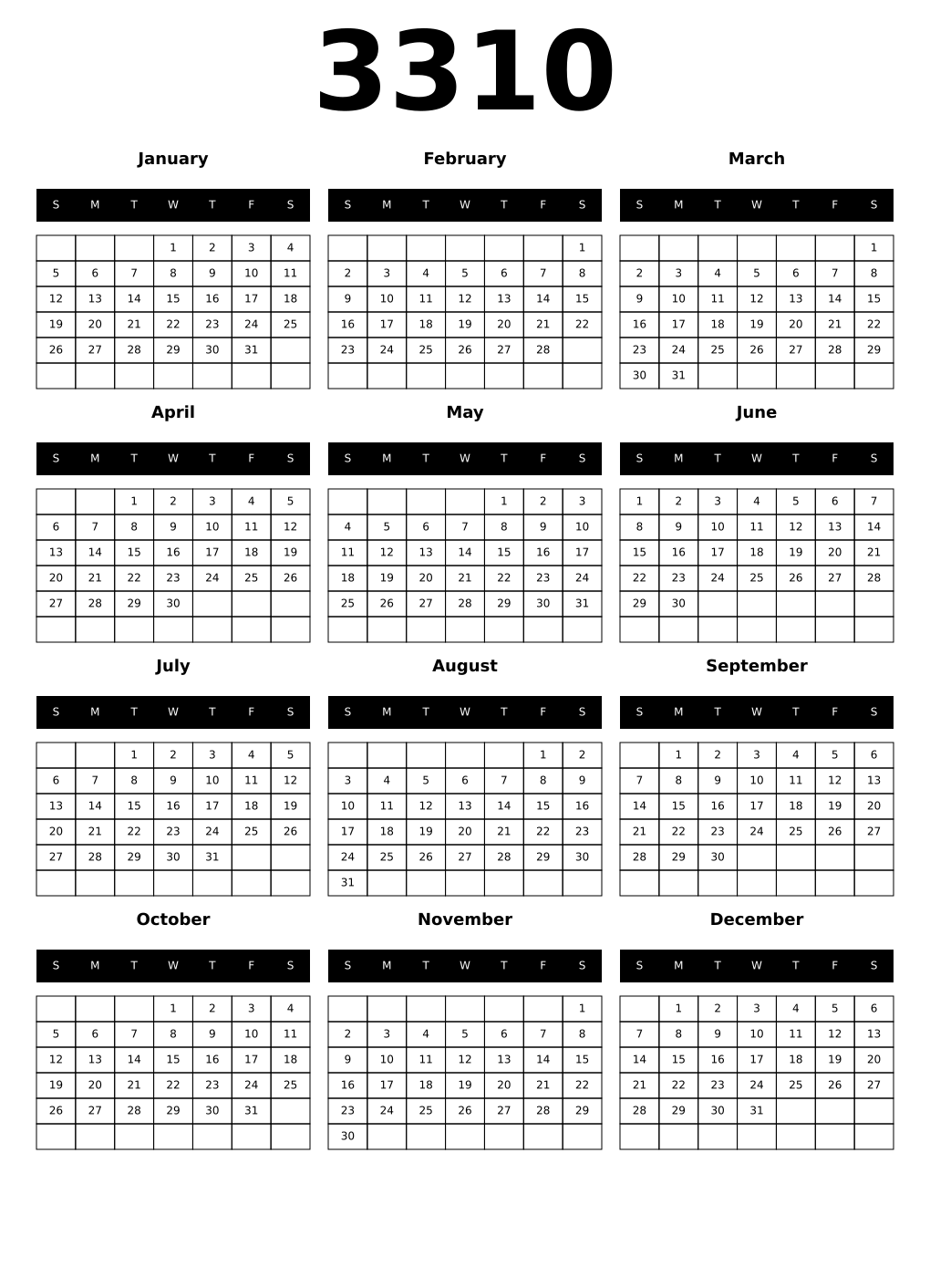 Printable 3310 Year Calendars black