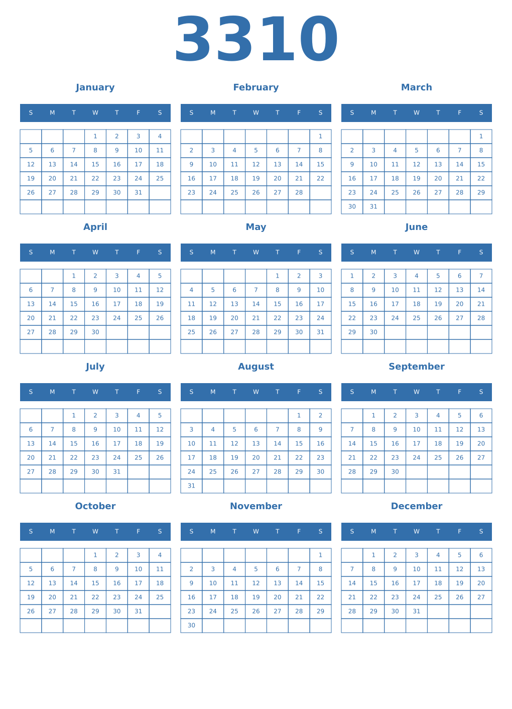 Printable 3310 Year Calendars blue