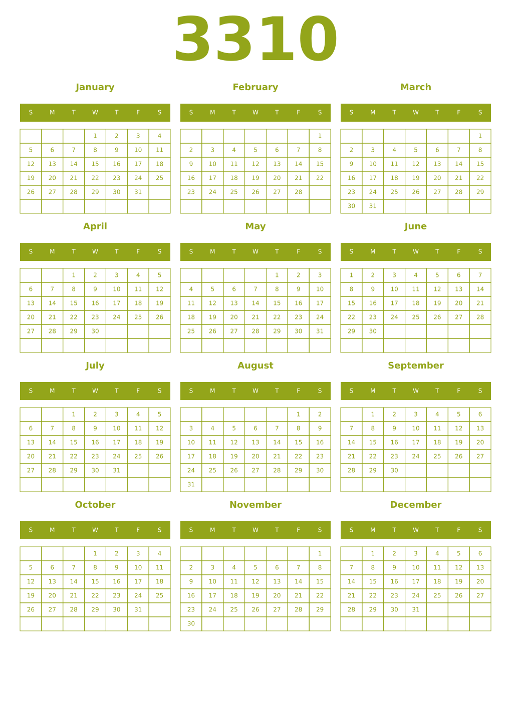 Printable 3310 Year Calendars chartreuse