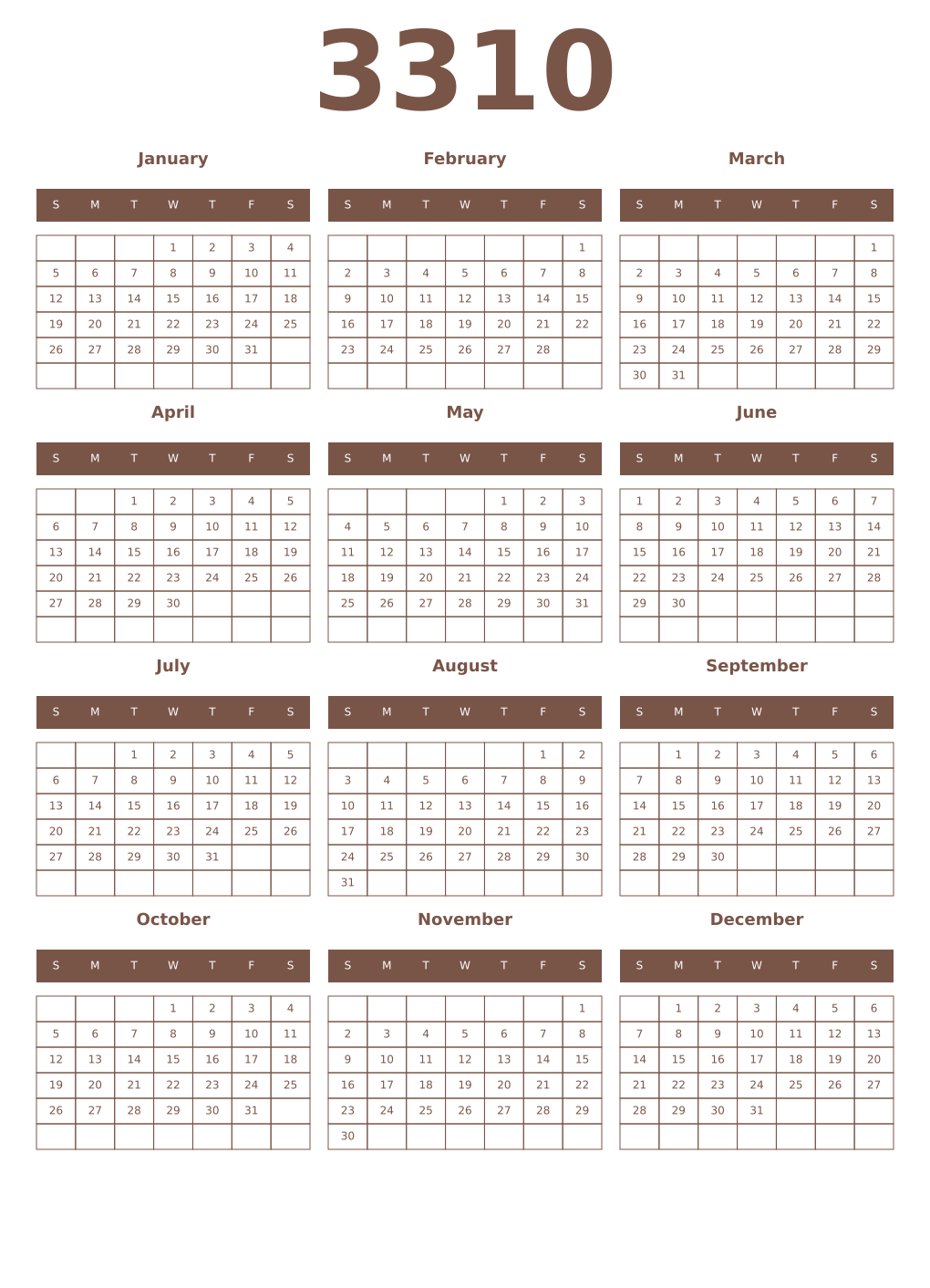 Printable 3310 Year Calendars coffe