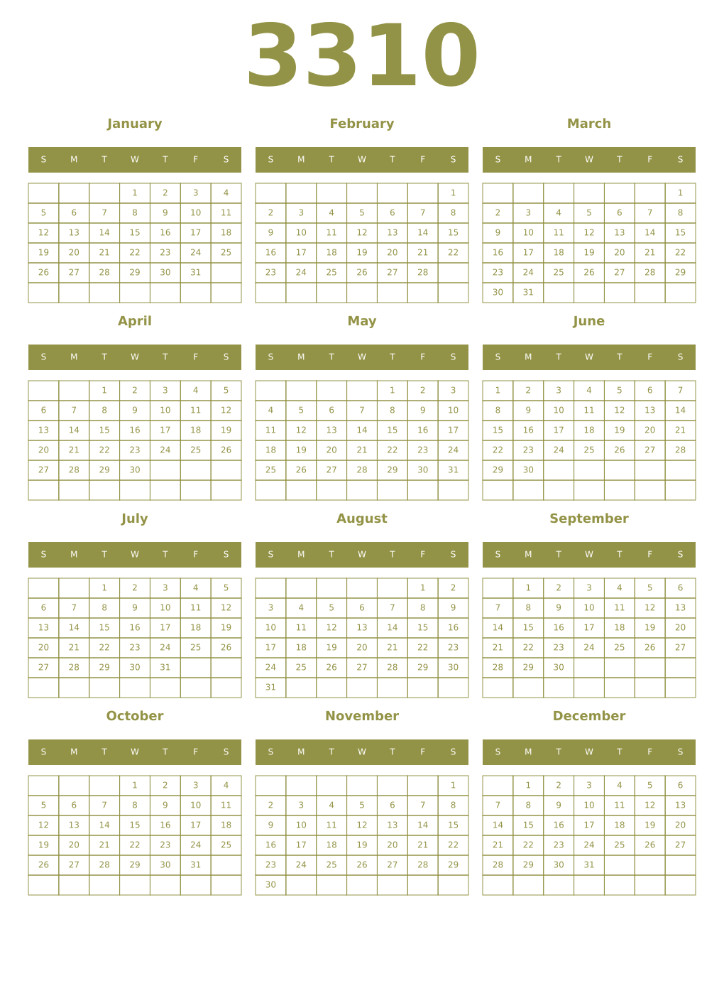 Printable 3310 Year Calendars eburnean