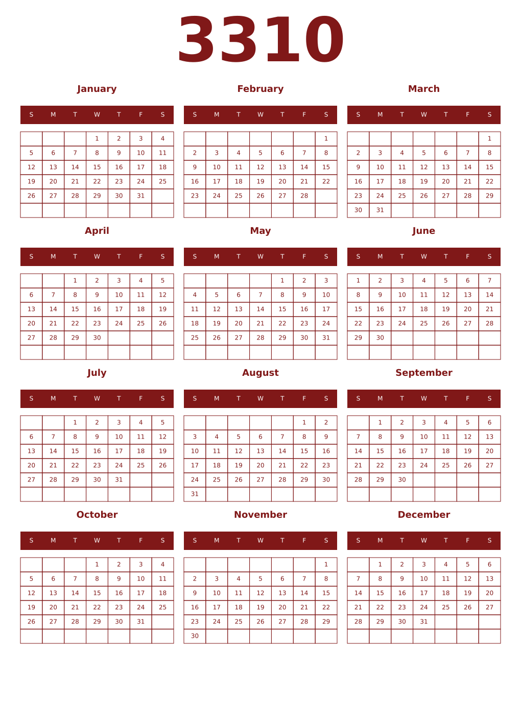 Printable 3310 Year Calendars falu
