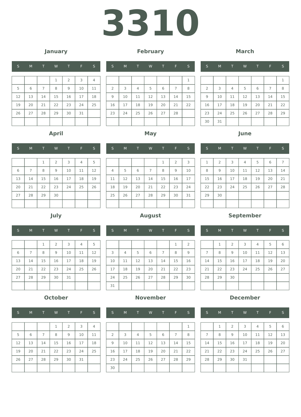 Printable 3310 Year Calendars feldgrau