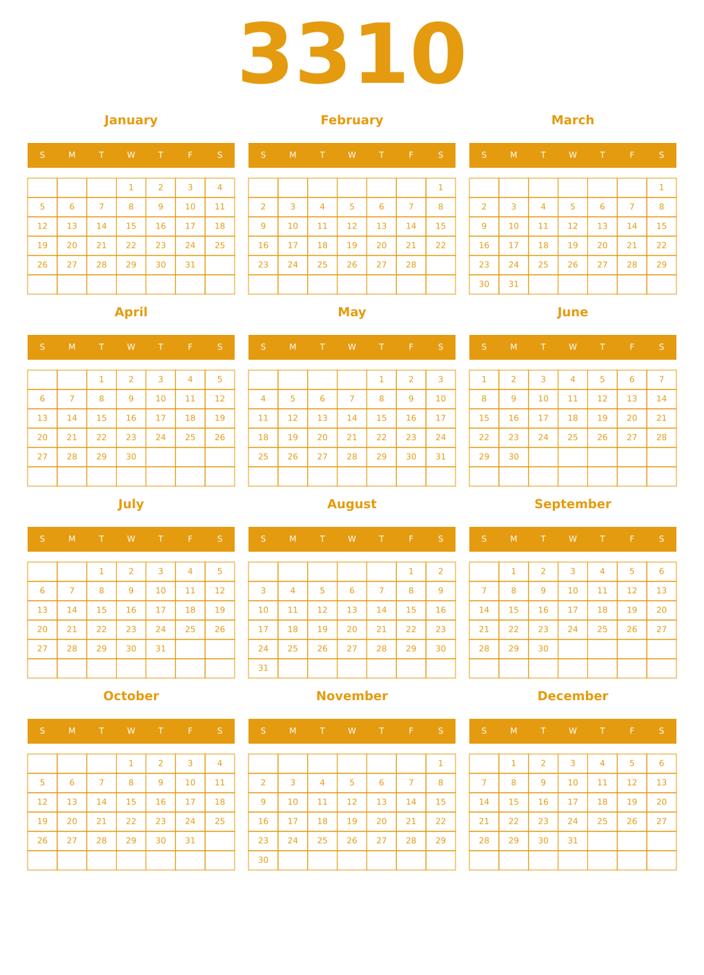 Printable 3310 Year Calendars gamboge