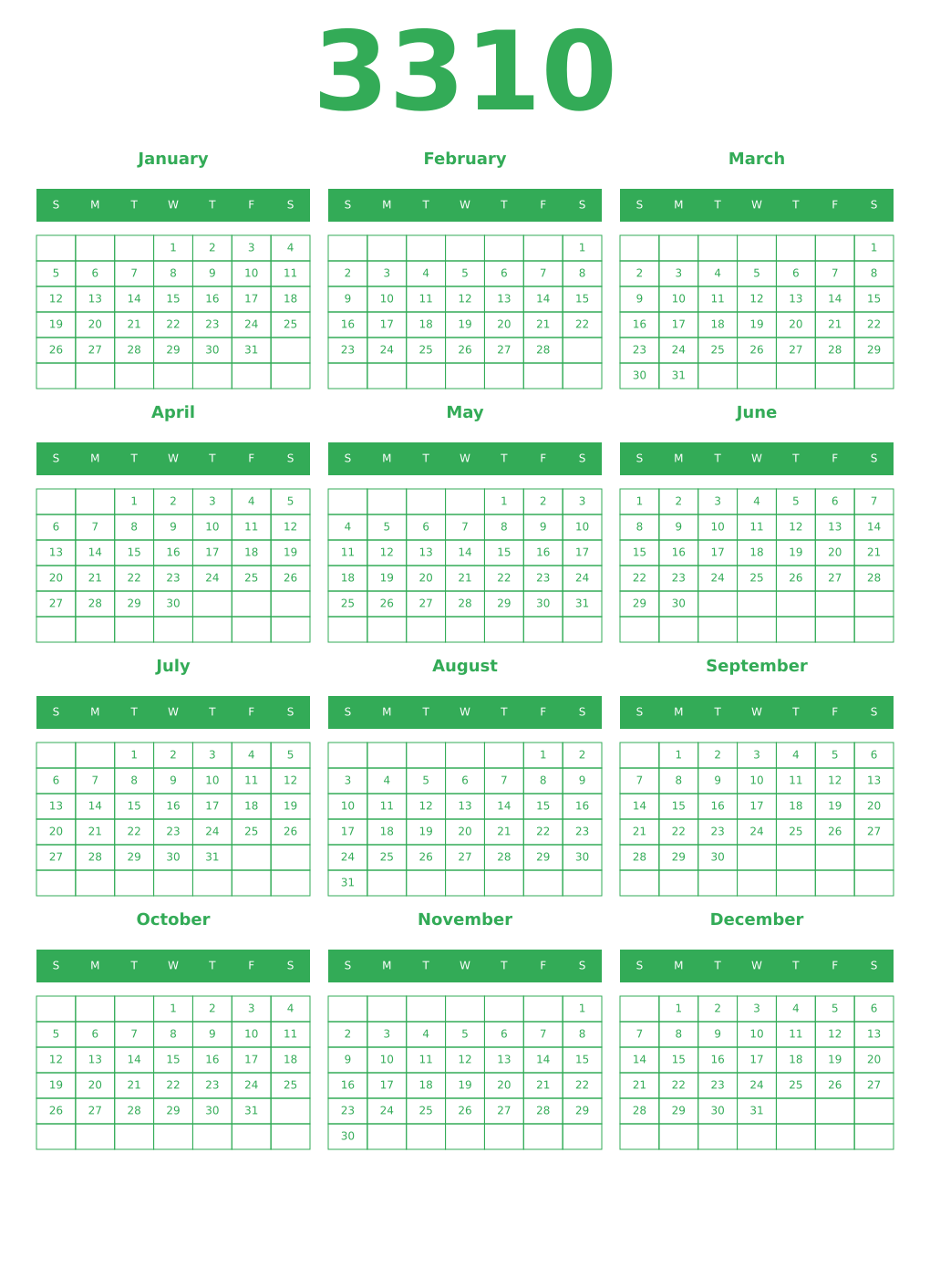Printable 3310 Year Calendars green