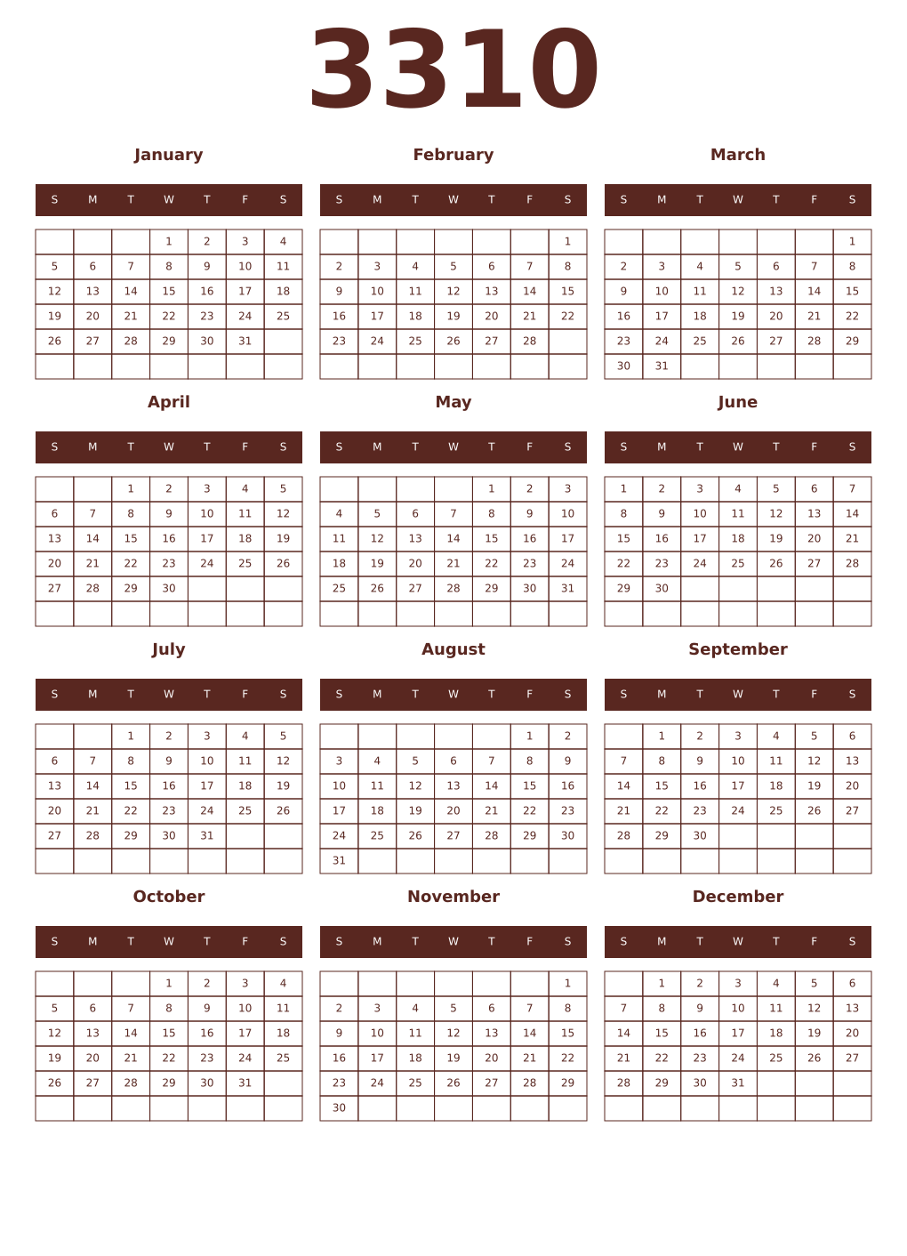 Printable 3310 Year Calendars mortuum